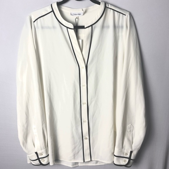 Calvin Klein Women’s Off white Button Down Shirt with black lining Large NWT - Picture 3 of 11